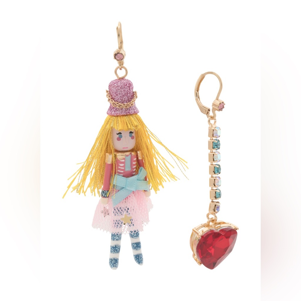 Betsey Johnson Nutcracker Heart Mismatch Pink and Gold Nutcracker Earrings